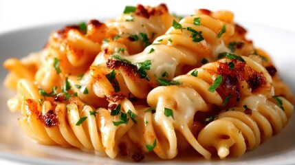 Deliciously baked pasta coated in gooey cheese and garnished with fresh herbs makes for an appetizing, eye-catching meal that tempts the taste buds and invites indulgence.