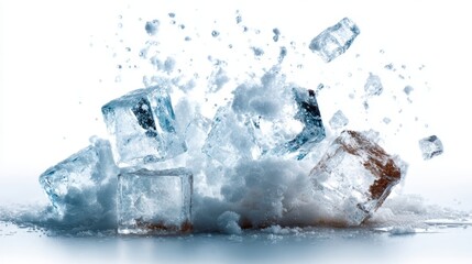 An eye-catching composition of ice cubes exploding in a flurry of icy particles against a pristine white background, emphasizing the coolness and refreshing essence of frozen elements.
