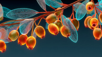 Close up of vibrant berries with translucent leaves in digital art