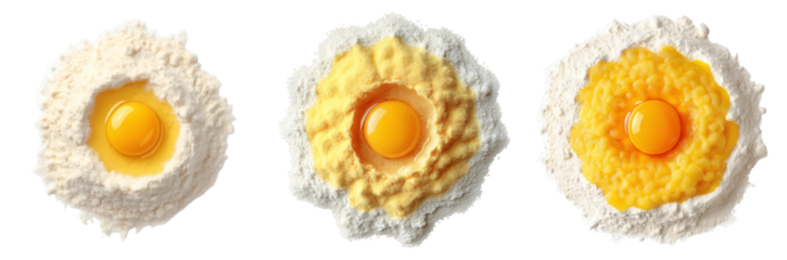 Set of various top view of flour with one yolk in the center isolated on transparent background
