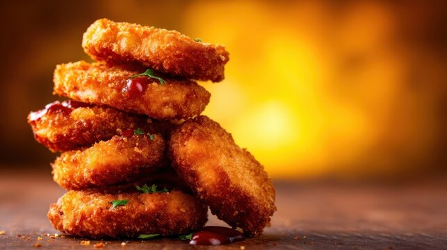 An appetizing stack of perfectly fried chicken nuggets with a golden-brown crust, highlighting a popular snack choice that evokes comfort and quick satisfaction for all ages.