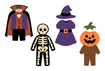 Halloween Costume Set Illustration
An illustration of a Halloween costume set including a vampire, skeleton, witch, and pumpkin outfit.