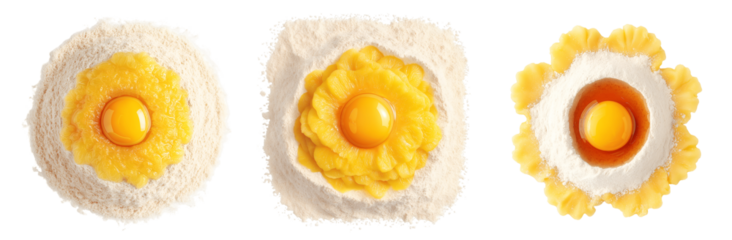 Set of various top view of flour with one yolk in the center isolated on transparent background