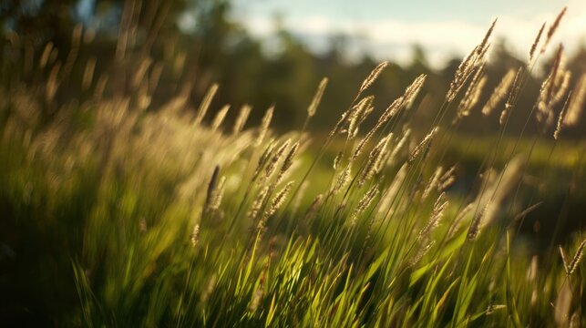 Sunlit meadow with tall swaying grass, capturing golden hour's joyful atmosphere.