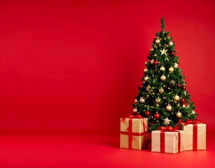 Christmas tree and presents on red background