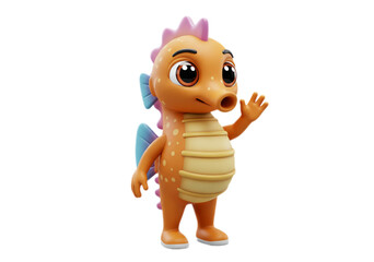 Friendly Orange Seahorse Cartoon Character Waving on Transparent Background