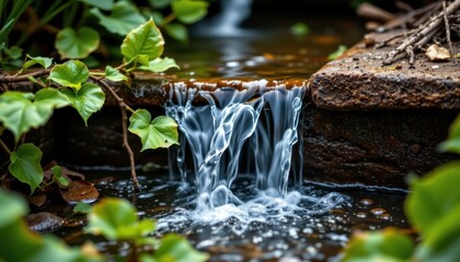 close up of water flowing over leaves