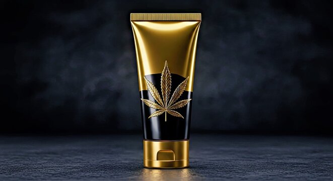 Gold Black Cosmetic Tube Hemp Leaf Dark Textured Background