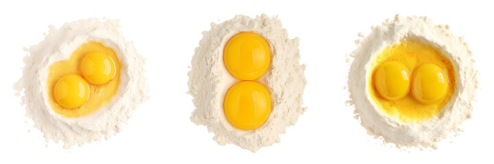 Collection of various top view of flour with two yolks in the center isolated on transparent background