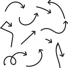 A vector set of arrows, perfect for your next design or logo, with a variety of symbols and silhouettes in a sketch or cartoon style