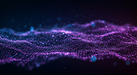 Abstract glowing purple and blue digital particles forming a wave pattern