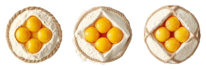 Set of various top view of flour with four yolks in the center isolated on transparent background