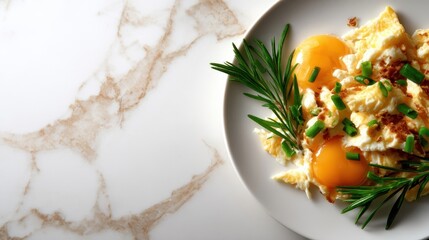 A delicious plate of fluffy scrambled eggs garnished with fresh herbs and green onions, perfect for a hearty breakfast or brunch setting with vibrant colors.