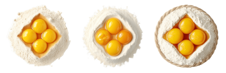 Set of various top view of flour with four yolks in the center isolated on transparent background