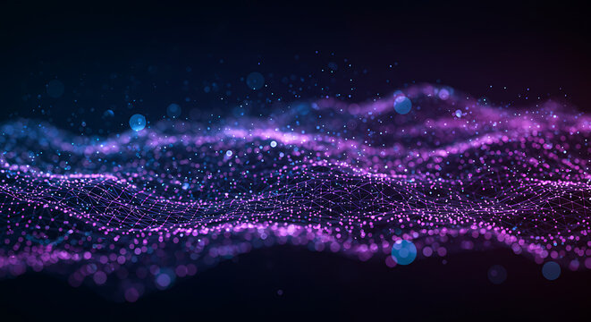 Abstract glowing purple and blue digital particles forming a wave pattern