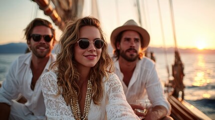 A stylish group of friends sailing together at sunset, embodying the essence of joy, adventure, and camaraderie with a vibrant backdrop that enhances their carefree spirits.