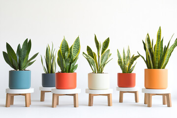 Obraz premium Different sizes and colors of potted plants arranged in an organized manner on shelves