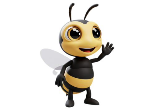 Cartoon Bee Waving Hand Cheerful Insect on Transparent Background