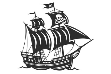 Monochrome vector illustration of a classic pirate ship with a Jolly Roger flag, sailing on the sea. A corsair galleon symbol.