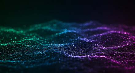 Abstract flowing waves of glowing particles in vibrant green and purple hues