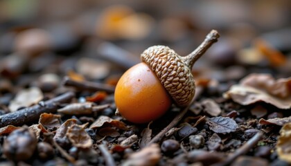 macro of acorn on forest floor