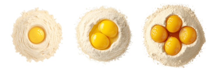 Set of various top view of flour with yolks in the center isolated on transparent background