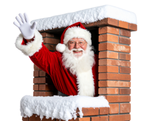 Santa Claus Waving from Chimney with Merry Expression – Transparent PNG