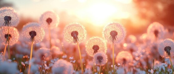 Sunset Dandelions: A Serene Meadow at Golden Hour