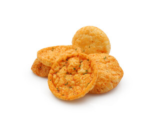 Spicy rice chips with paprika and basil isolated on white background	