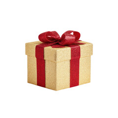 Obraz premium Shiny Gold Gift Box with Red Bow and Ribbon Perfect for Celebrations and Special Occasions in Isolated Background