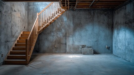 Unfinished Basement with Wooden Stairs: A Study in Contrasts and Potential Renovation
