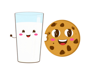  Cartoon-Style Cookie and Milk with Smiling Faces, Cute Character Design, Transparent PNG