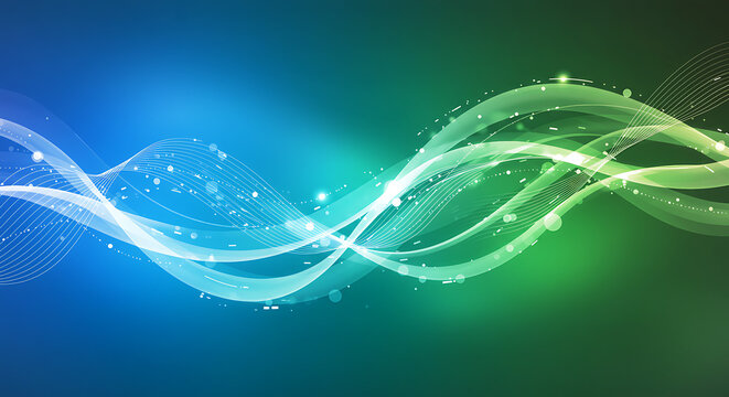 Abstract flowing light waves with sparkling particles on a blue and green gradient background