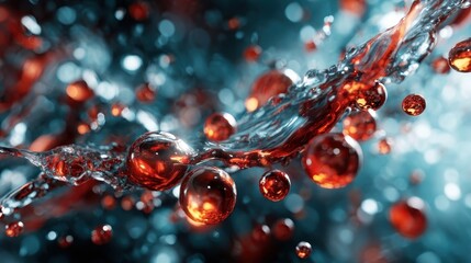 An abstract composition illustrates the captivating flow of water intermingling with striking red bubbles, creating a mesmerizing visual that captures movement and harmony.