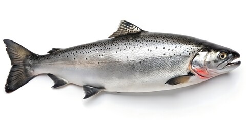 Obraz premium Freshly caught silver salmon with vibrant red gills and detailed scales on a clean white background