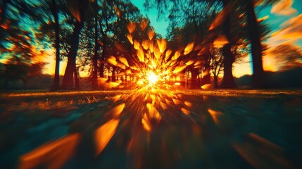 Sunset Burst: A mesmerizing explosion of warm colors at the forest's edge, showcasing nature's vibrant energy.