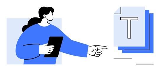 Woman with tablet pointing at stacked documents with text. Ideal for teamwork, collaboration, communication, digital workspace, education, creative process, simple landing page