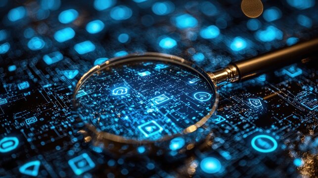 Magnifying Glass on Futuristic Circuit Board: Exploring the Digital World