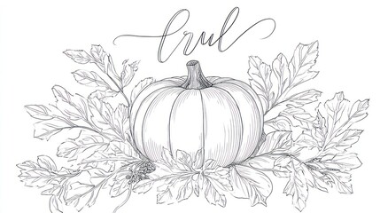 A hand-drawn grayscale illustration features a pumpkin surrounded by leaves and the word "true