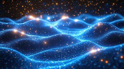 Obraz premium Luminous Blue Waves of Glittering Particles: Abstract Digital Art