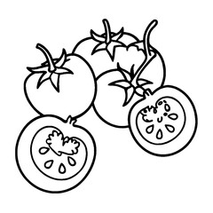 Outline drawing of a cluster of tomatoes with two halved tomatoes showing seeds and pulp details
