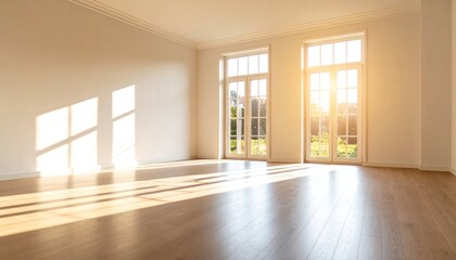 Sun-drenched empty room with large windows and warm light casting shadows on wooden floor