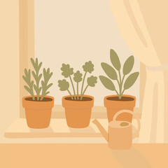 Fresh green herbs in small pots placed on a kitchen windowsill, with a watering can nearby — fresh and simple.