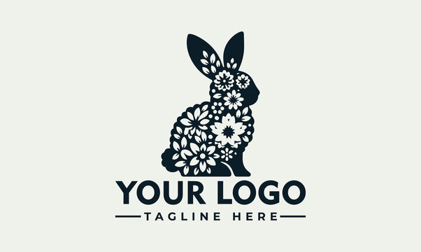 Elegant floral rabbit logo design, dark silhouette with white flower details,  "Your Logo" text below.