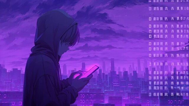anime boy hoodie looking phone, glowing purple screen face, looping animation, vaporwave purple city data streams binary codes clouds sky, surreal calm vibe, looping ambient lofi dreamscape
