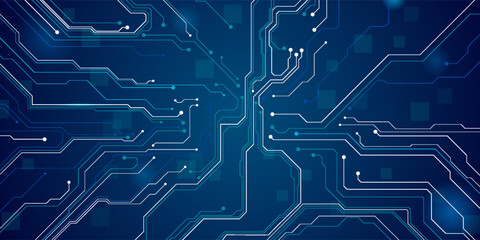 AI innovation futuristic concept. Technology blue background. ON Power blue button, and circuit board. Artificial intelligence and Machine Learning cover. For web and presentation bg.