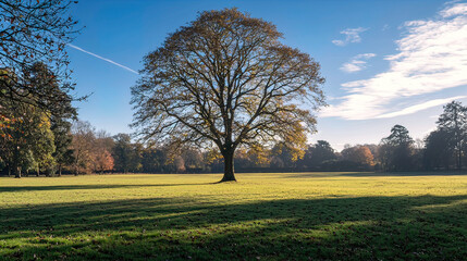Fototapeta premium AI Generated - Lone tree in the middle of a grassy field, surrounded by other trees in the background and a clear blue sky above. Professional stock photography for commercial use. High-resolution.