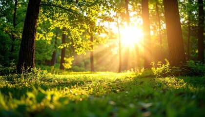 Fototapeta premium Sun-drenched Forest Floor: Golden Light Through Lush Greenery.