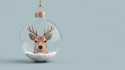 Transparent Christmas ball with deer figure inside. Winter holiday decoration concept.