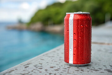 Outdoor summer scene with a red soda can, fresh with condensation, on a wet metal tabletop.